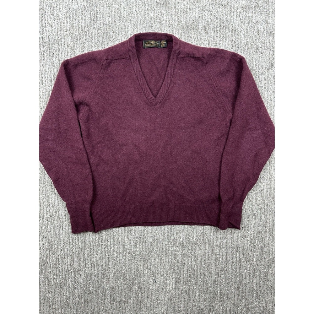 Eddie Bauer Mens Burgundy Lambswool Knit V-Neck Pullover Sweater Size LT USA